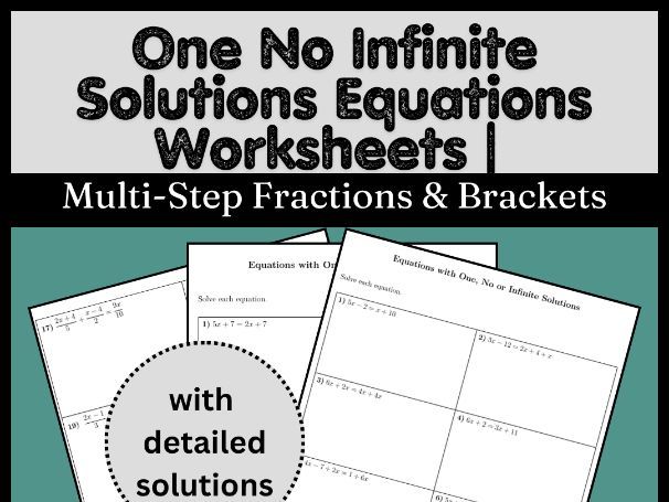 One No Infinite Solutions Equations Worksheets | Multi-Step Fractions & Brackets