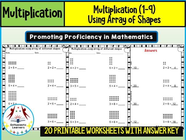 Multiplication Using Array of Different Shapes (1–9) Worksheets Math Problems