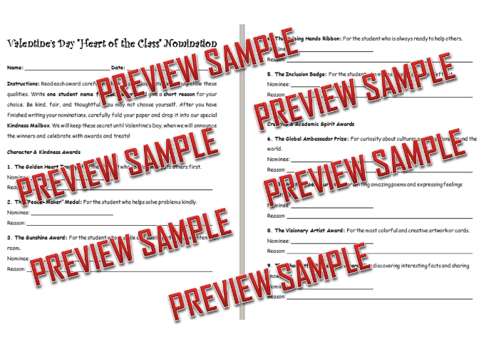 FREE Valentine’s Day Student Nomination Form for Awards | Kindness & Character