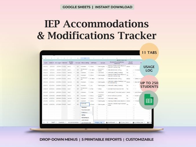 IEP 504 Accommodation Log Spreadsheet Google Sheets Caseload Dashboard Implement Documentation