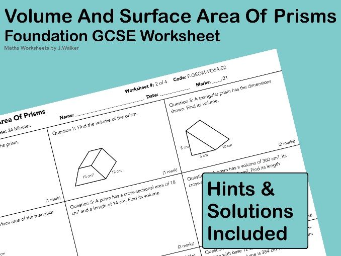 GCSE Maths Worksheet: Volume And Surface Area Of Prisms - Foundation Tier