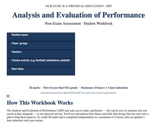 OCR GCSE PE (J587) AEP Student Workbook: Complete Analysing & Evaluating Performance CW Booklet
