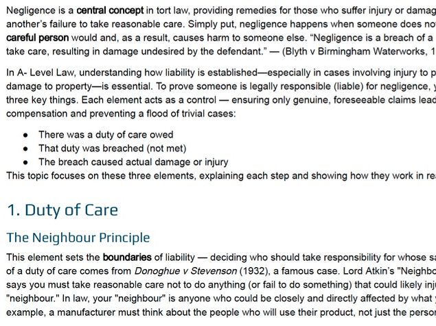 Negligence in Tort Law – Full A-Level Revision Booklet (Duty, Breach, Causation, Damage & Defences)
