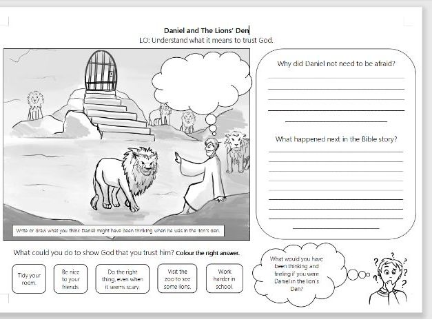 KS1/LKS2 RE Daniel and the Lion's Den Worksheet Activity Trusting in God SEN