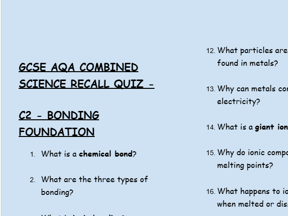 GCSE Chemistry C2 Bonding, Structure & Properties – 30 Foundation Retrieval Questions | AQA