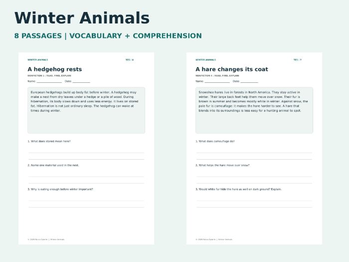 Year 2 Winter Animals Reading Comprehension