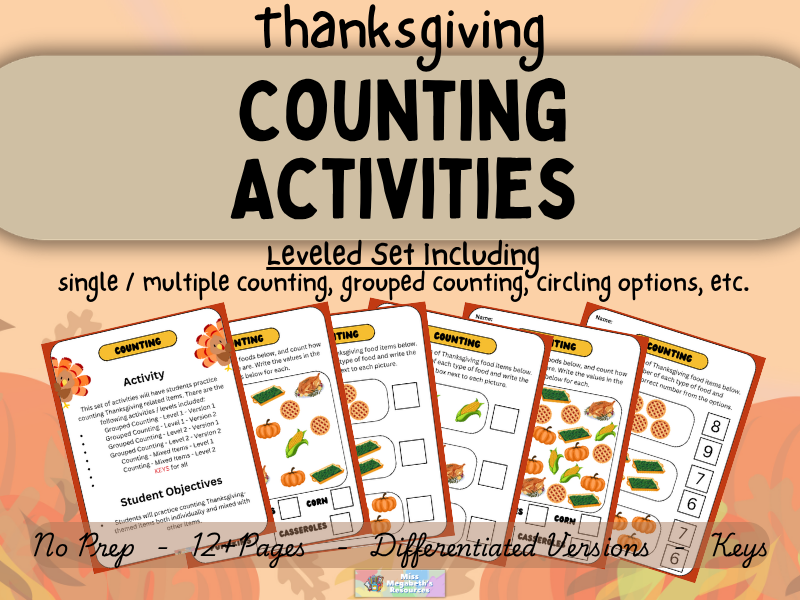 Thanksgiving Counting Worksheets | Differentiated Activity Set for K-5