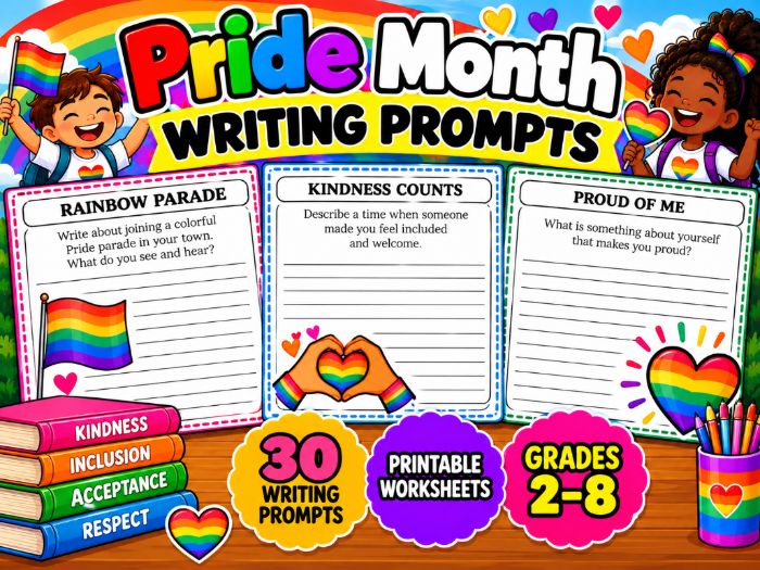 Pride Month Writing Prompts | 30 Creative Writing Worksheets for Grades 2–8