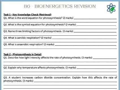 B6/Bioenergetics Worksheet/Revision/Topic/With Answers/GCSE/AQA/Combined Science/Biology