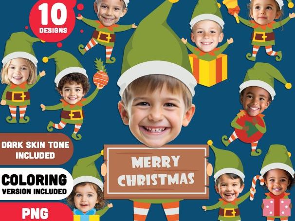 Elf Cutout Templates, Christmas Face Craft, 10 Designs, PDF + PNG, Colouring Version Included