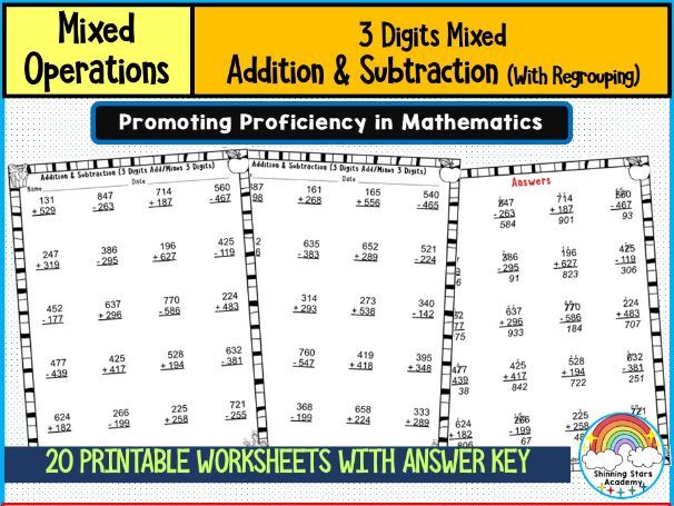 3-Digit Mixed Addition & Subtraction With Regrouping Worksheets | Borrowing and Carrying Practice