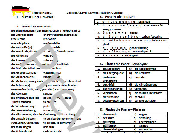 Edexcel A Level Vocabulary Worksheets - Themes 1 and 2