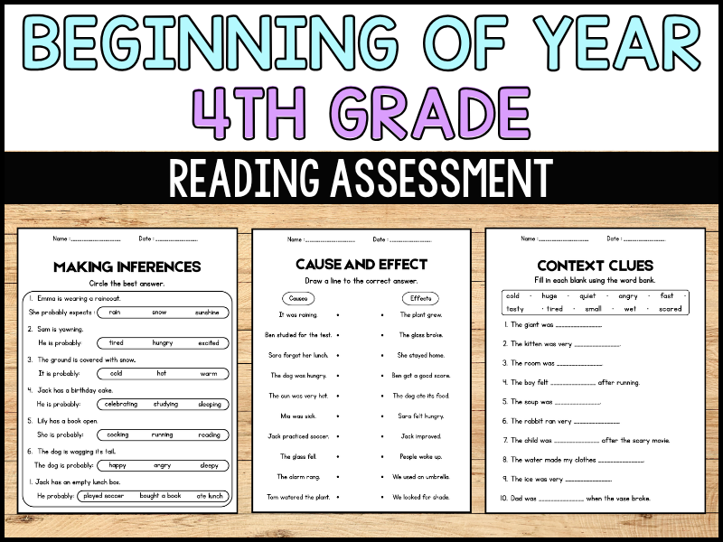 4th Grade beginning of the year Reading assessment | No prep ELA activities