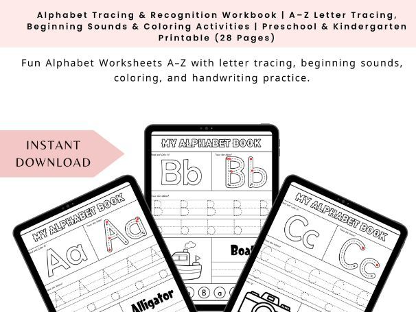 Alphabet Tracing & Recognition Workbook | A–Z Letter Tracing, Beginning Sounds & Coloring Activities