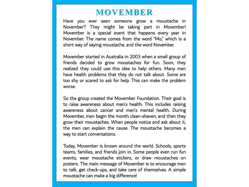 MOVEMBER READING COMPREHENSION PLUS 2 FREE POSTERS / COLORING PAGE ACTIVITY