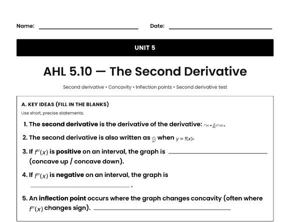 IB Math AI Worksheet AHL 5.10 - The Second Derivative