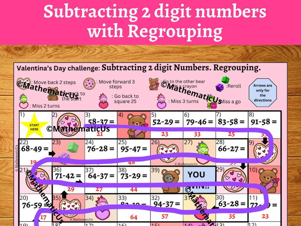 Subtracting 2 digit numbers with Regrouping Valentina’s Day board game ...
