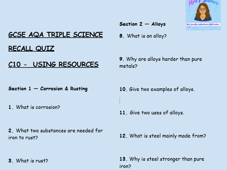 GCSE AQA Triple Chemistry – Using Resources Retrieval Questions