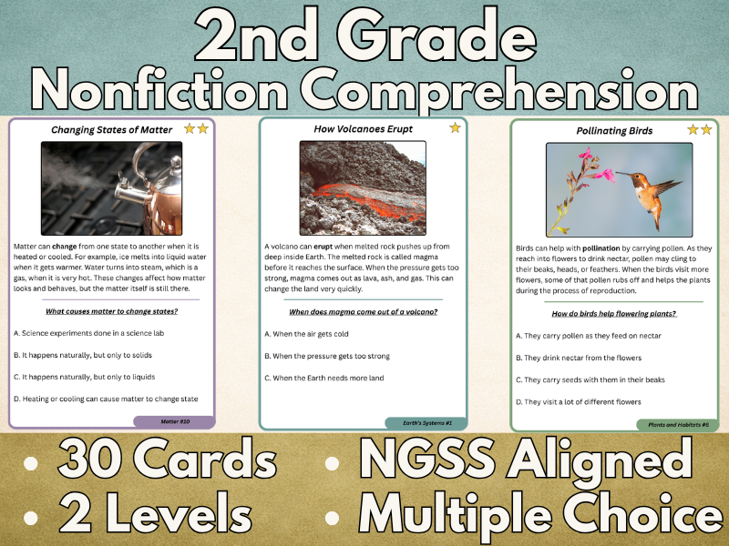 2nd Grade Nonfiction Reading Comprehension Task Cards | Science Informational Text Passages