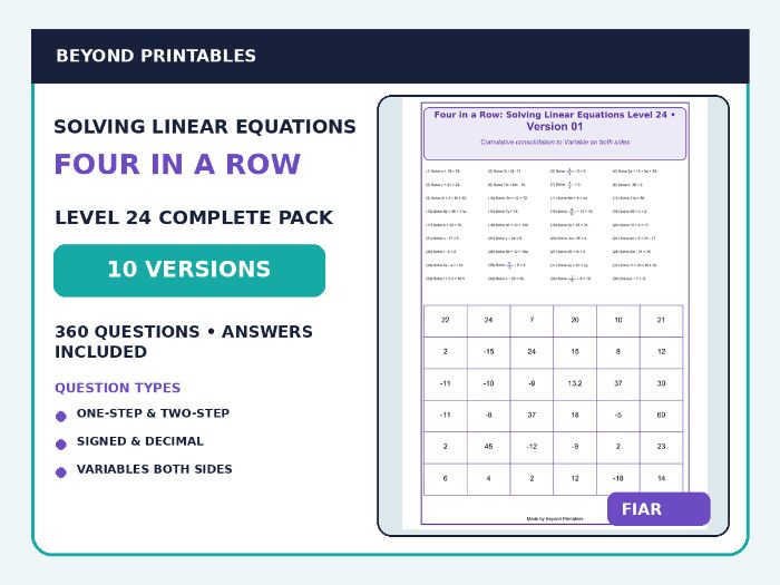 Solving Linear Equations Four in a Row | Mixed Equations with Variables Both Sides : Level 24 | 10-V