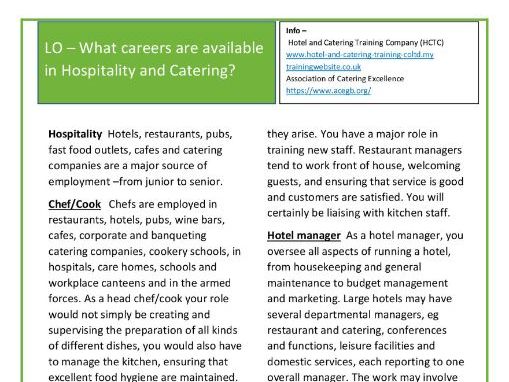 What careers are available in Hospitality and Catering?