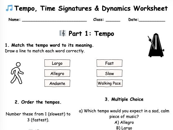 Tempo, Time Signatures & Dynamics Music Worksheet