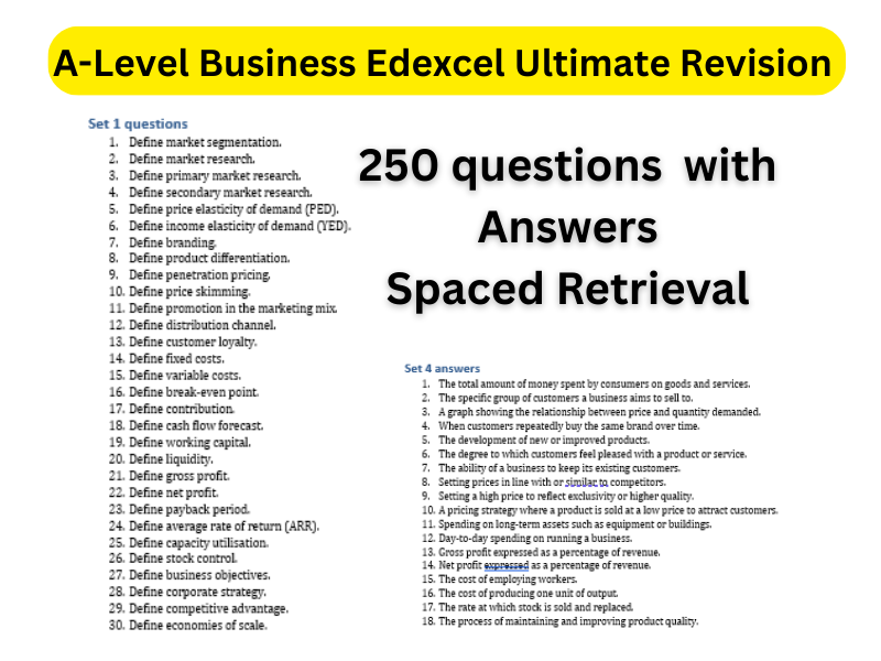Edexcel A Level Business 250 Retrieval Practice Questions & Answers (Complete Revision Pack)