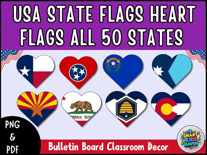 USA State Heart Flags PNG Clipart All 50 States Classroom Decor Bulletin Board.