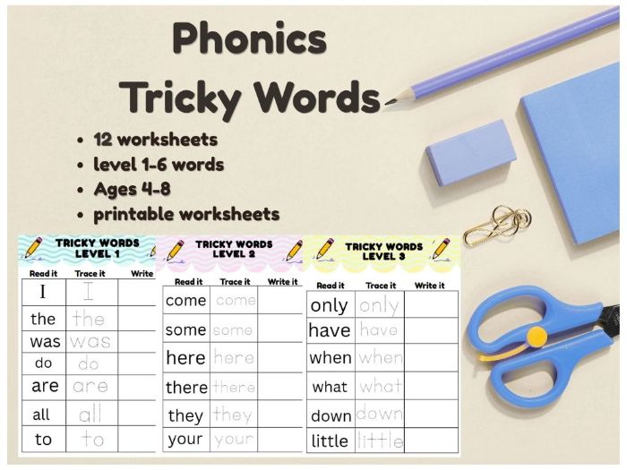12 Tricky Words Worksheets,Read and Trace Words  Levels 1–6  Ages 4–6
