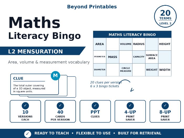 Maths Literacy Bingo: L2 Developing Mensuration | 10 Versions | PPT Clues + 40 Cards
