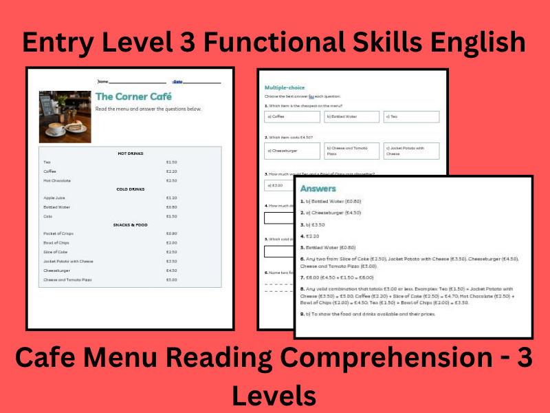 Functional Skills Entry Level 3 Reading Comprehension Cafe Menu