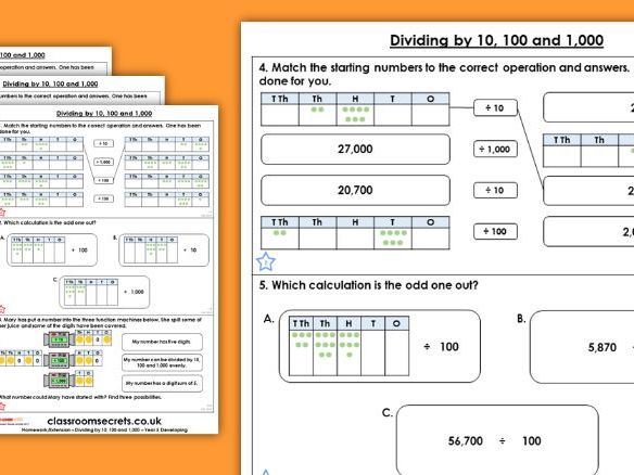 Dividing by 10, 100 and 1000 worksheet image