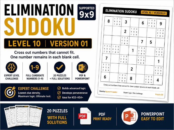 Elimination Sudoku Level 10 V1 | 20 Expert 9×9 Challenge Puzzles with Answers