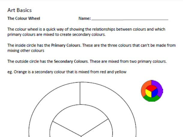 Art Basics - Colour Wheel Worksheet - Middle School