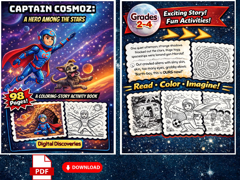 Capt. Cosmoz – Space Adventure Coloring Story Book for Grades 2–4-Reading Comprehension & Creative