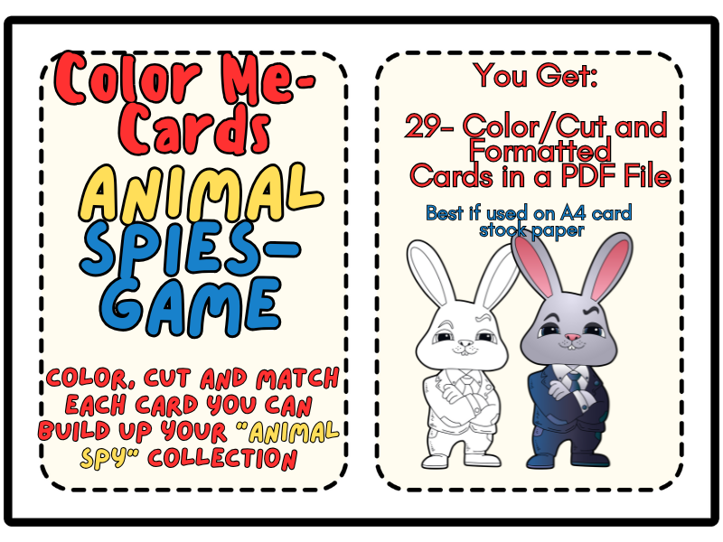 Color Me Animal Spies Game-DFY Color, Cut and Match-For PreK-1st Grade