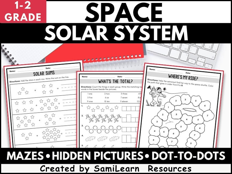 Solar System Activities: Mazes, Hidden pictures, Dot-to-Dots for 1st & 2nd Grade