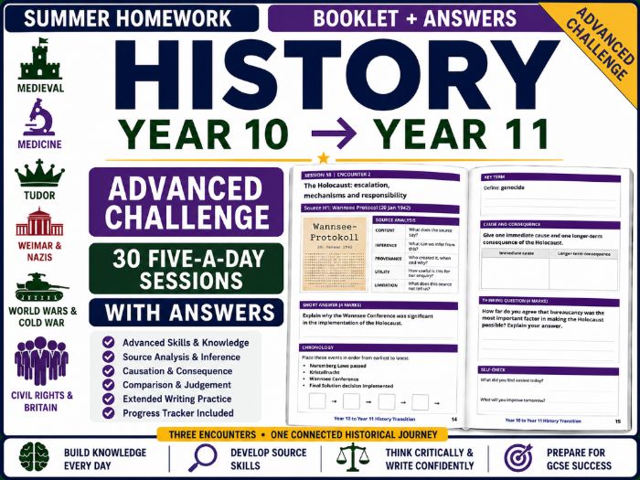 Year 10 to Year 11 History Summer Homework Booklet | Advanced Challenge | With Answers