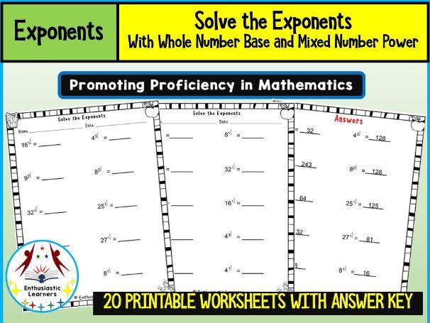 Exponents with Whole Number Bases and Mixed Number Powers Worksheets Math Problems