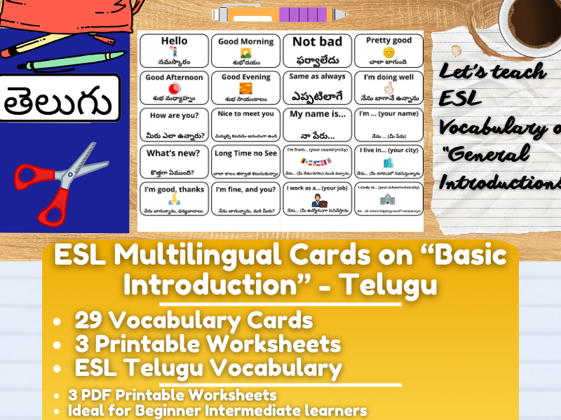 ESL Multilingual Vocabulary Flashcards - General Introductions - Telugu