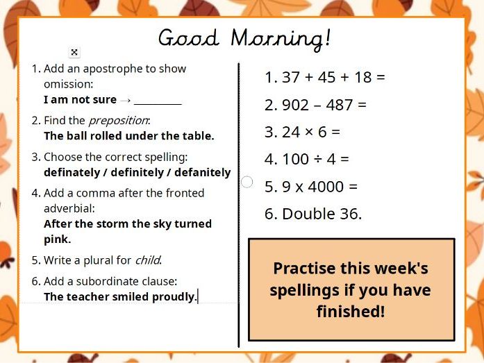 Year 5 Morning Slides- SPaG and Arithmetic