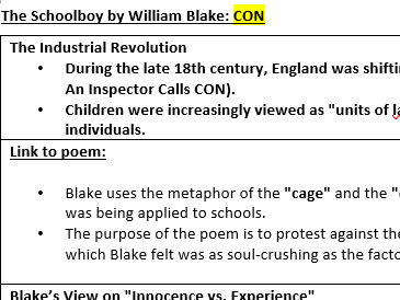 WJEC Poetry 2027 The Schoolboy Historical Context revision sheet