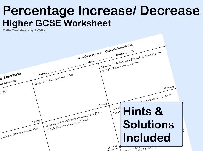 GCSE Maths Worksheet: Percentage Increase/ Decrease - Higher Tier