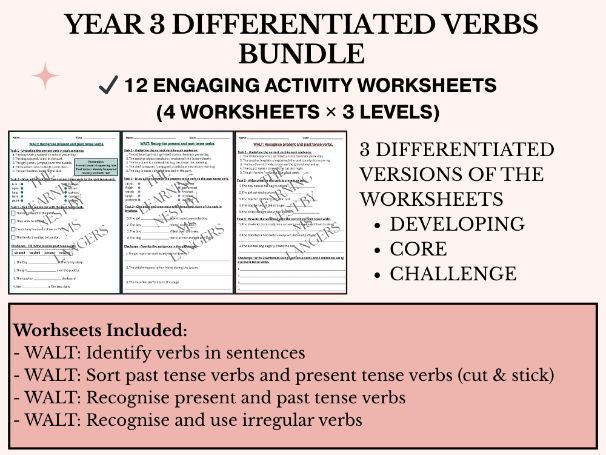 Year 3 Verbs Unit | Fully Differentiated Grammar Activity Worksheets & Answers