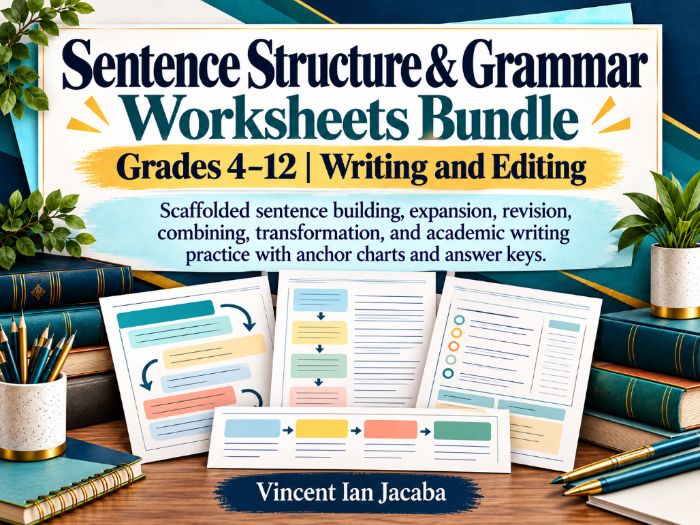 Sentence Structure & Grammar Worksheets Bundle for Grades 4–12|Writing & Editing