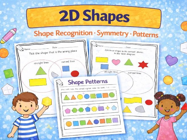 Reception/Year 1 - 2D shapes, patterns, venn diagrams, symmetry worksheets