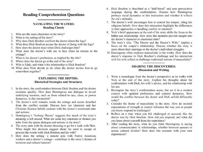 The Doctor and the Doctor's Wife by Ernest Hemingway with Reading Comprehensions