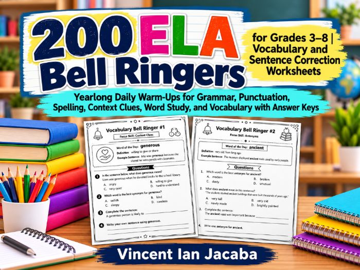 200 ELA Bell Ringers for Grades 3–8 | Vocabulary, Grammar & Sentence Correction