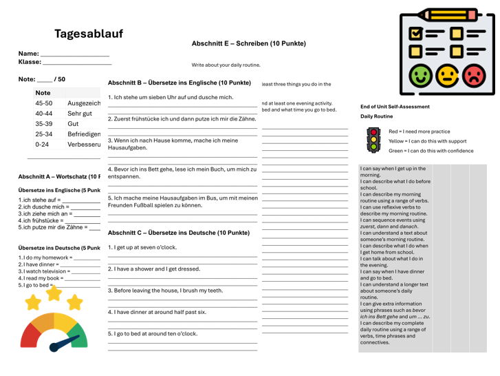 Daily Routine (German) – Assessment, Mark Scheme & Self Assessment