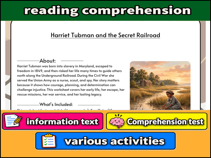Harriet Tubman and the Secret Railroad  & Comprehension Test